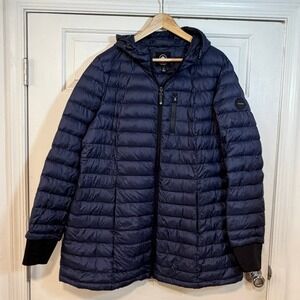 Halifax Traders Womens 1X 2X Packable Down Puffer Jacket Coat Hood Navy Blue